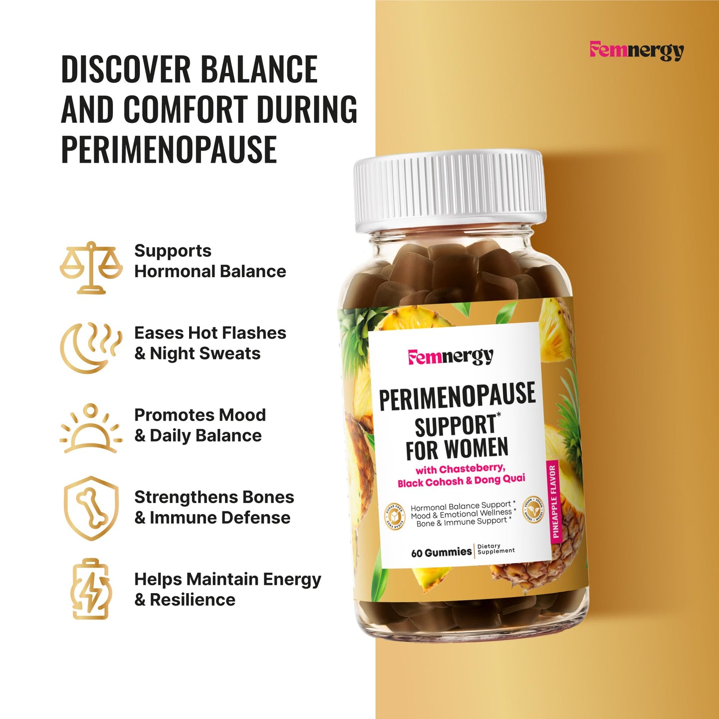 Femnergy Perimenopause Support Gummies for Women - Menopause Relief Estrogen & Hormone Balance Supplement with Black Cohosh Chasteberry Vitamins D3 B6 for Hot Flashes Night Sweats & Mood Swings - Maple Wellness Supplements