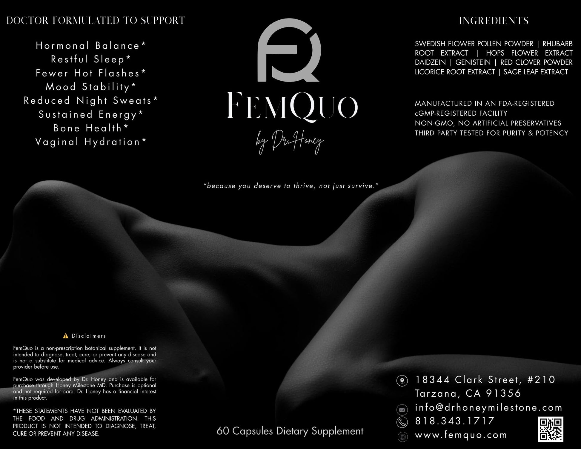 FemQuo by Dr. Honey Menopause & Perimenopause Support for Women Non Hormonal OBGYN Formulated with Rhapontic Rhubarb Red Clover Hops &Sage to Help Hot Flashes Night Sweats Sleep and Mood 60 Capsules - Maple Wellness Supplements