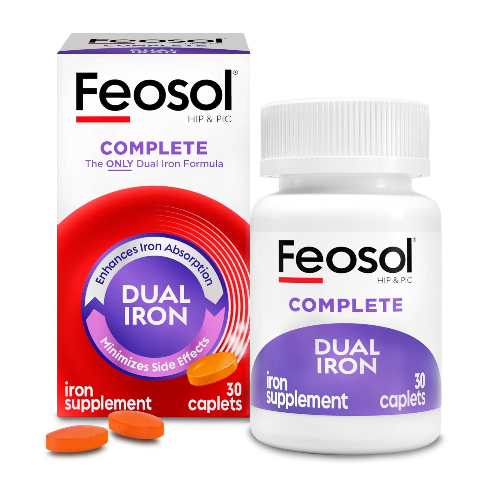 Feosol Complete Iron Supplement Caplets, Bifera Iron for High Absorption, Heme and Non-Heme Dual Action Minimizes Side Effects, 1 Per Day - Maple Wellness Supplements