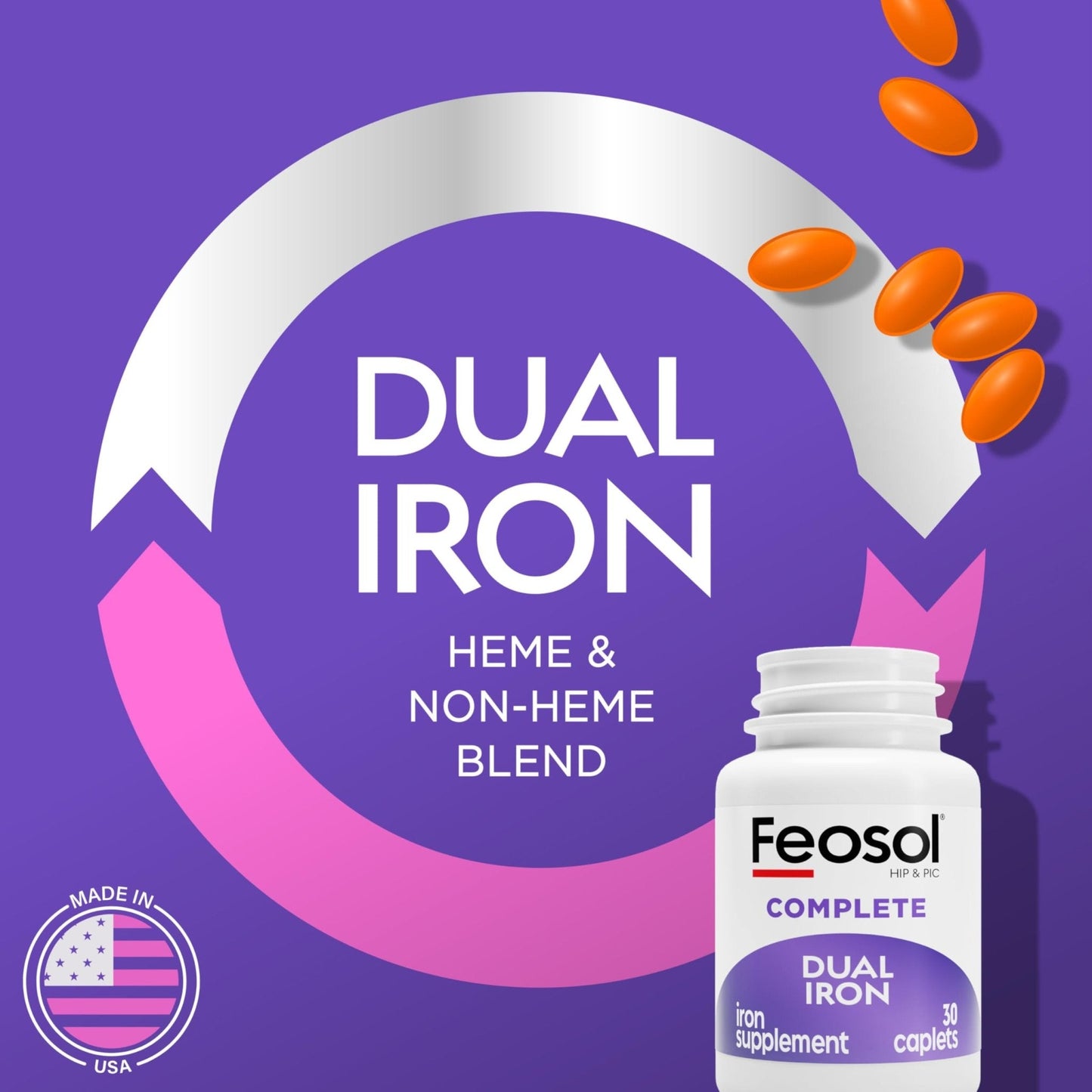 Feosol Complete Iron Supplement Caplets, Bifera Iron for High Absorption, Heme and Non-Heme Dual Action Minimizes Side Effects, 1 Per Day - Maple Wellness Supplements