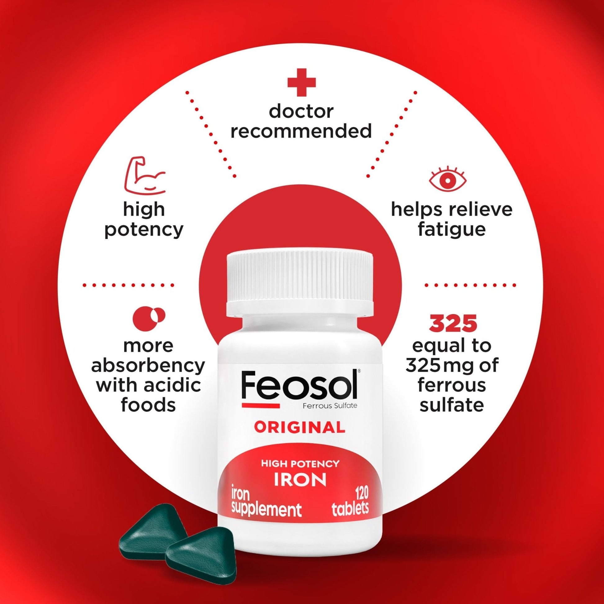 Feosol Original Iron Supplement Tablets, Non-heme, 65mg Iron per Pill, 1 Per Day, 120ct, 4 Month Supply, for Energy and Immune System Support, Made in USA - Maple Wellness Supplements