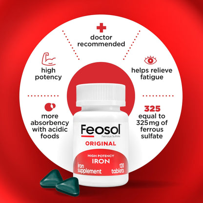 Feosol Original Iron Supplement Tablets, Non-heme, 65mg Iron per Pill, 1 Per Day, 120ct, 4 Month Supply, for Energy and Immune System Support, Made in USA - Maple Wellness Supplements