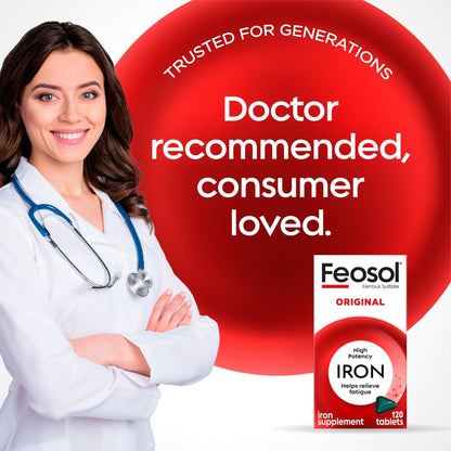 Feosol Original Iron Supplement Tablets, Non-heme, 65mg Iron per Pill, 1 Per Day, 120ct, 4 Month Supply, for Energy and Immune System Support, Made in USA - Maple Wellness Supplements