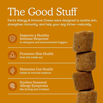 Fera Pets Dog Allergy and Immune Support with Organic Mushrooms, Postbiotics & Colostrum - Promotes Skin & Gut Health - Soothes Seasonal Allergy Symptoms - 30 Soft Chews - Maple Wellness Supplements