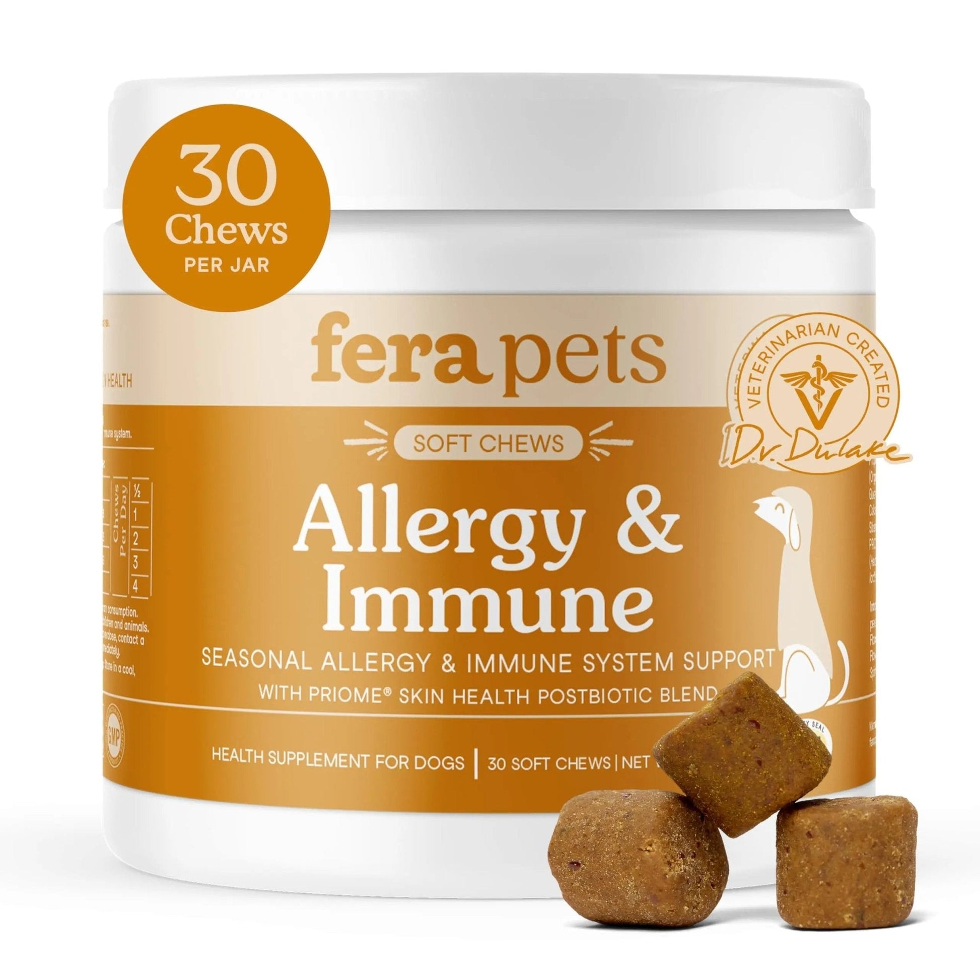 Fera Pets Dog Allergy and Immune Support with Organic Mushrooms, Postbiotics & Colostrum - Promotes Skin & Gut Health - Soothes Seasonal Allergy Symptoms - 30 Soft Chews - Maple Wellness Supplements
