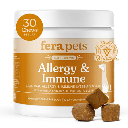 Fera Pets Dog Allergy and Immune Support with Organic Mushrooms, Postbiotics & Colostrum - Promotes Skin & Gut Health - Soothes Seasonal Allergy Symptoms - 30 Soft Chews - Maple Wellness Supplements