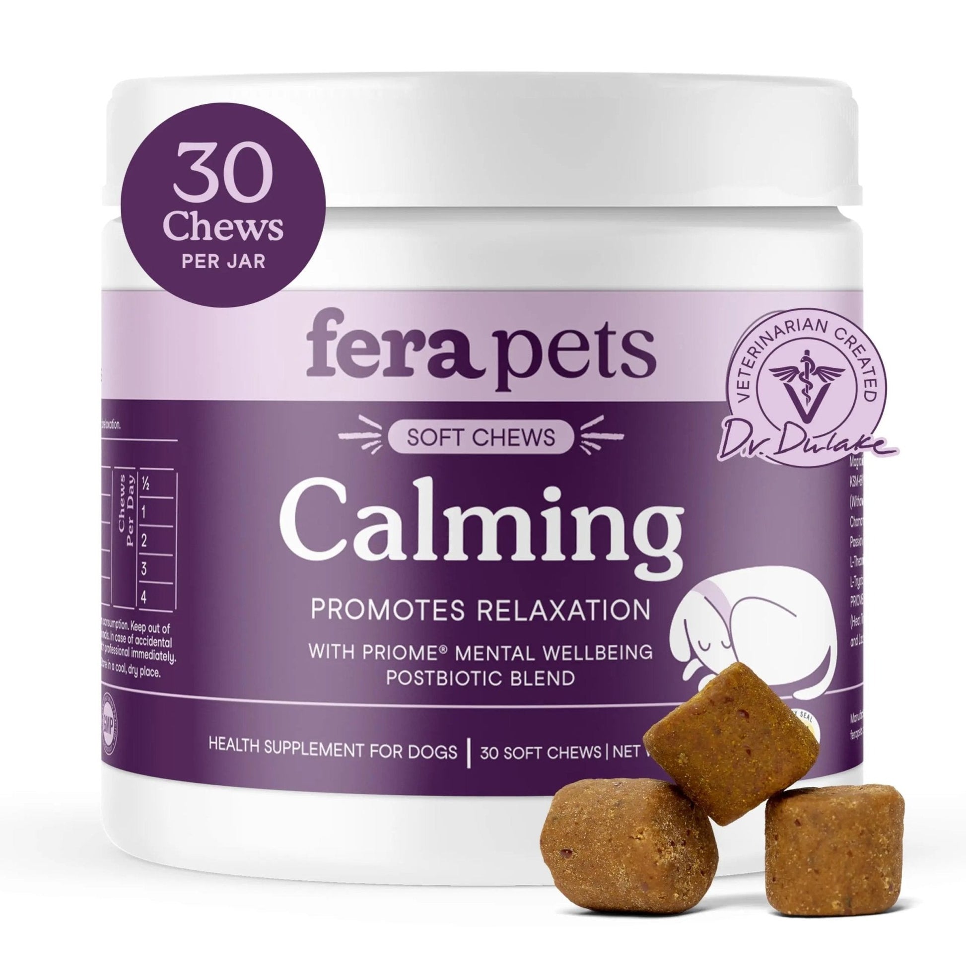 Fera Pets Dog Calming Chews - Helps Manage Everyday Stress & Separation - Promotes Relaxation - Ashwagandha & Priome® Mental Wellbeing Postbiotic Blend - 30 Soft Chews - Maple Wellness Supplements