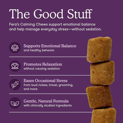 Fera Pets Dog Calming Chews - Helps Manage Everyday Stress & Separation - Promotes Relaxation - Ashwagandha & Priome® Mental Wellbeing Postbiotic Blend - 30 Soft Chews - Maple Wellness Supplements