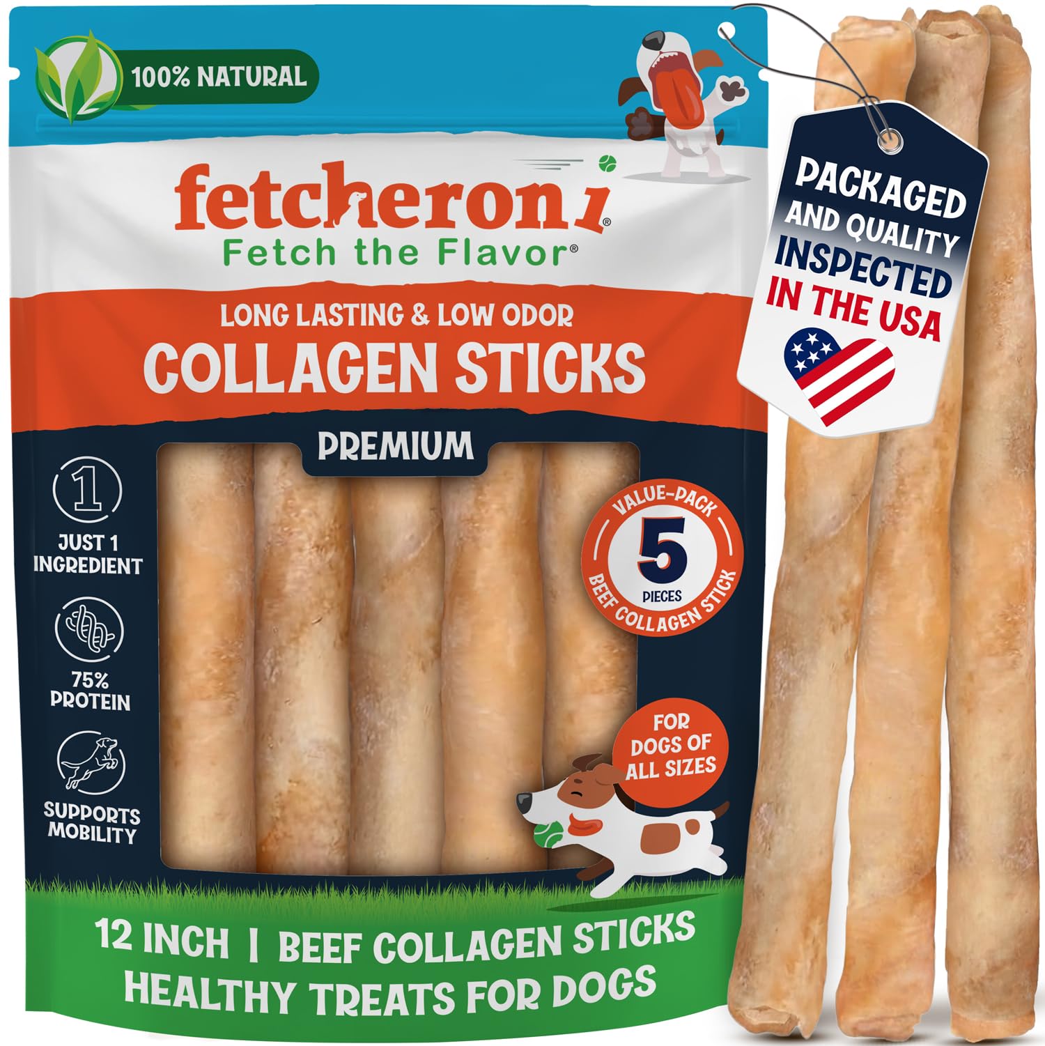 FETCHERONI 12" Collagen Sticks for Dogs – Low Odor Long-Lasting Bully Stick & Rawhide Alternative, Single Ingredient Beef Bone, High Protein Dental Treat, Vet Approved, Improves Joint Health – 5 Pack - Maple Wellness Supplements