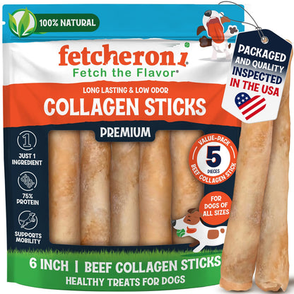 FETCHERONI 6" Collagen Sticks for Dogs – Low Odor Long-Lasting Bully Stick & Rawhide Alternative, Single Ingredient Beef Bone, High Protein Dental Treat, Vet Approved, Improves Joint Health – 5 Pack - Maple Wellness Supplements