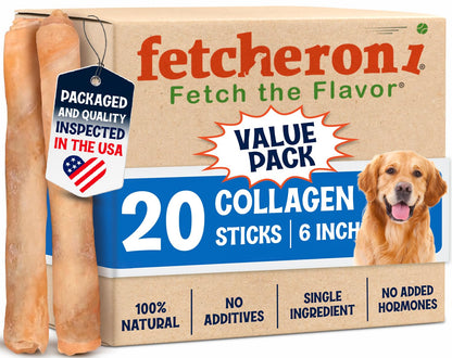 FETCHERONI 6" Collagen Sticks for Dogs – Low Odor Long-Lasting Bully Stick & Rawhide Alternative, Single Ingredient Beef Bone, High Protein Dental Treat, Vet Approved, Improves Joint Health – 20 Pack - Maple Wellness Supplements