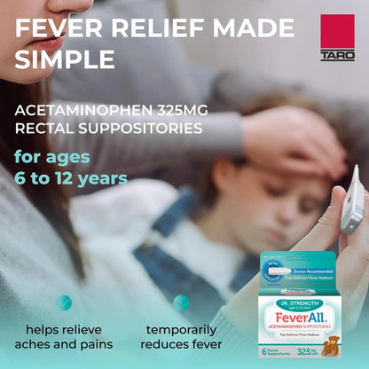Feverall Children Acetaminophen Suppositories 6 Rectal Suppositories 325mg Each Pain Reliever/Fever Reducer. Paraben Free, No Artificial Colors or Other preservatives. Ages 6-12 Years - Maple Wellness Supplements