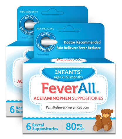 Feverall Infant Acetaminophen Suppositories 6 Rectal Suppositories 80mg Each Pain Reliever/Fever Reducer. Paraben Free, No Artificial Colors or Other preservatives. Ages 6-36 Months (Pack of 2) - Maple Wellness Supplements