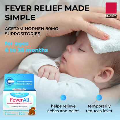 Feverall Infant Acetaminophen Suppositories 6 Rectal Suppositories 80mg Each Pain Reliever/Fever Reducer. Paraben Free, No Artificial Colors or Other preservatives. Ages 6-36 Months - Maple Wellness Supplements