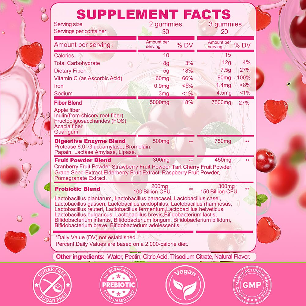 Fiber Gummies 7500mg, Probiotics & Digestive Enzymes, Sugar-Free, Vegan & Gluten-Free Supplement for Gut Health, Bloating Support & Regularity, - Maple Wellness Supplements