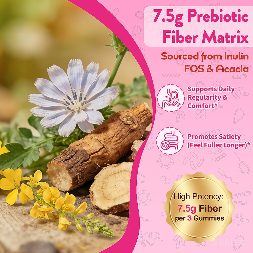 Fiber Gummies 7500mg, Probiotics & Digestive Enzymes, Sugar-Free, Vegan & Gluten-Free Supplement for Gut Health, Bloating Support & Regularity, - Maple Wellness Supplements