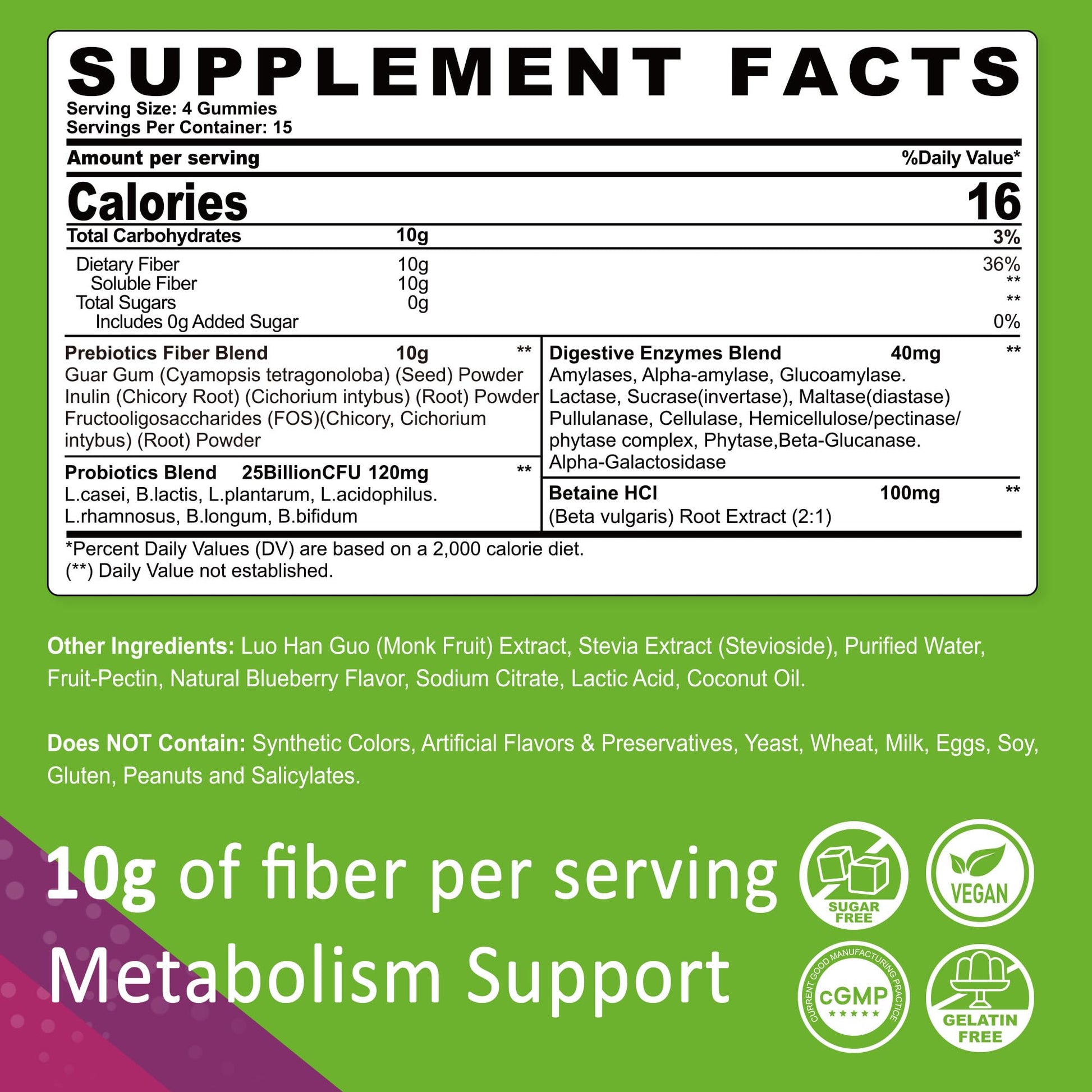 Fiber Gummies for Adults, Sugar Free 10g Prebiotic Fiber Supplement with Digestive Enzymes, Probiotics & 100mg Betaine for Digestive & Gut Health - Maple Wellness Supplements