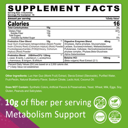 Fiber Gummies for Adults, Sugar Free 10g Prebiotic Fiber Supplement with Digestive Enzymes, Probiotics & 100mg Betaine for Digestive & Gut Health - Maple Wellness Supplements