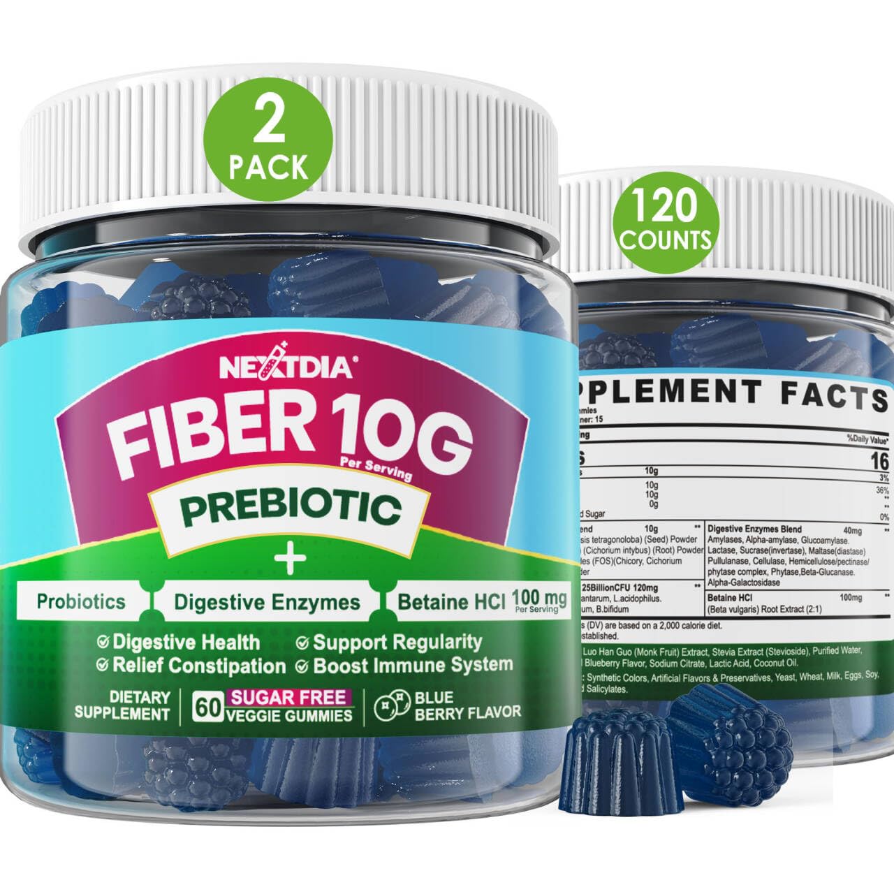 Fiber Gummies for Adults, Sugar Free 10g Prebiotic Fiber Supplement with Digestive Enzymes, Probiotics & 100mg Betaine for Digestive & Gut Health - Maple Wellness Supplements