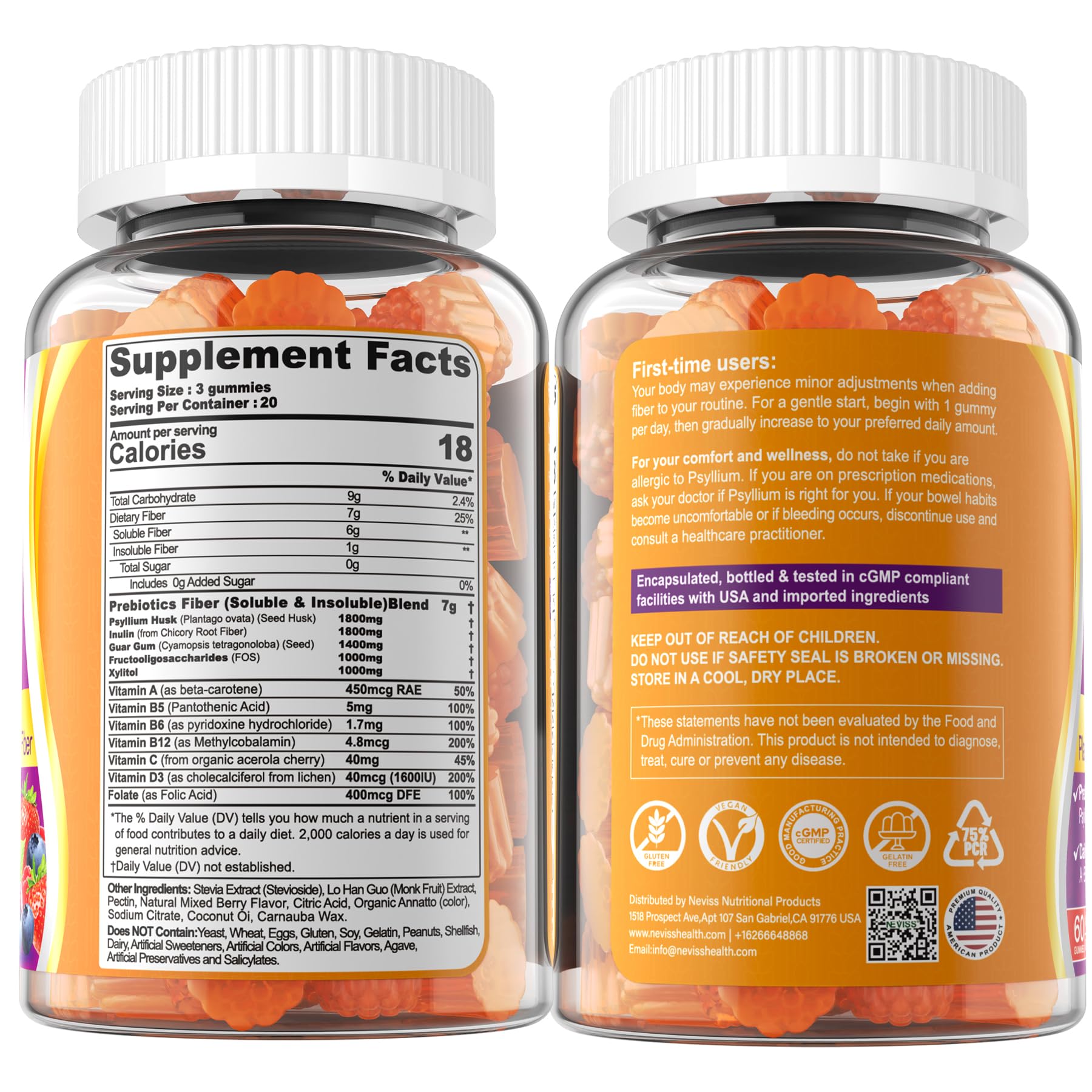 Fiber Gummies for Adults with Psyllium Husk, 7G(Soluble + Insoluble) Daily Prebiotic Fiber with Inulin, FOS, Guar Gum, Multivitamins for Daily Digestive Health, - Maple Wellness Supplements