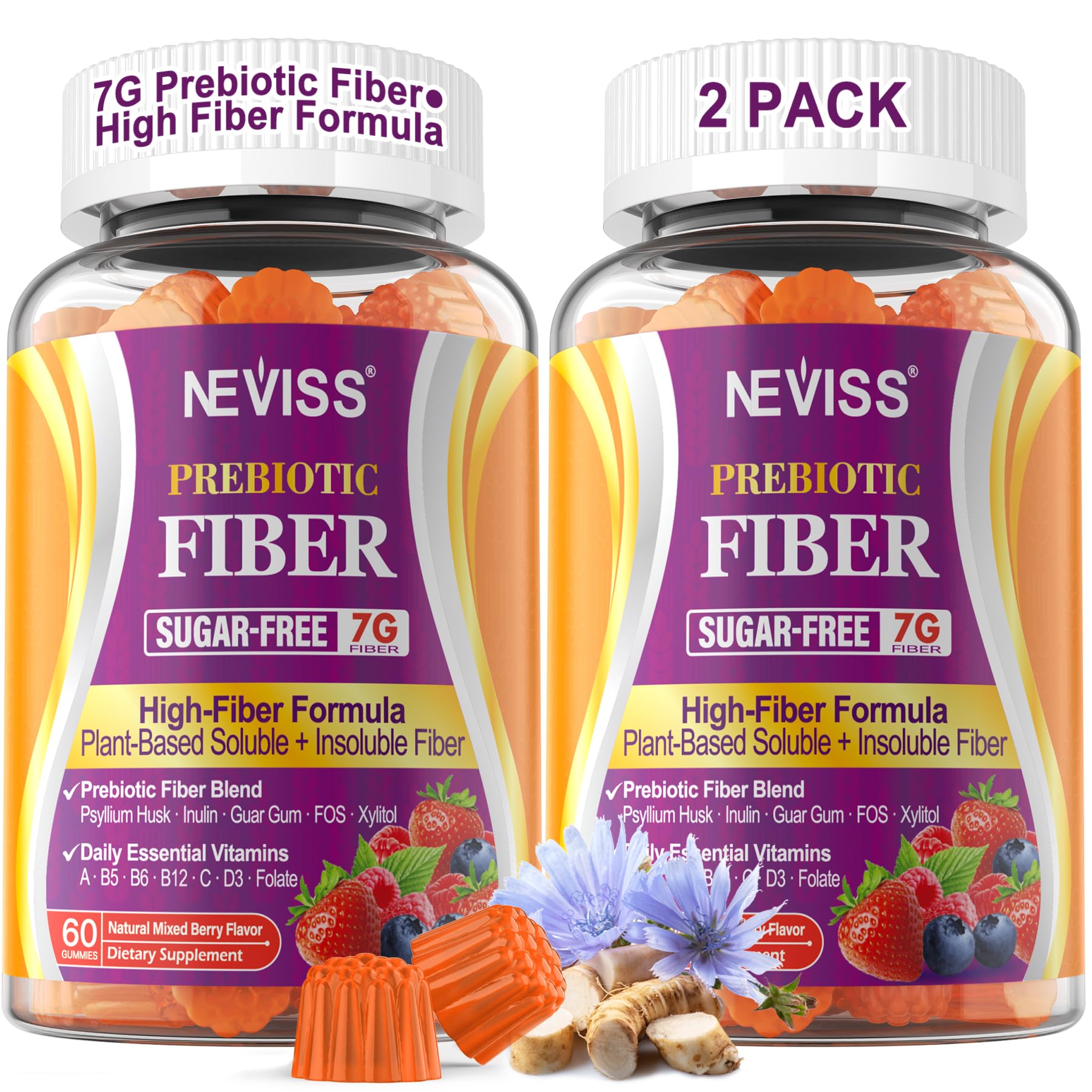 Fiber Gummies for Adults with Psyllium Husk, 7G(Soluble + Insoluble) Daily Prebiotic Fiber with Inulin, FOS, Guar Gum, Multivitamins for Daily Digestive Health, - Maple Wellness Supplements