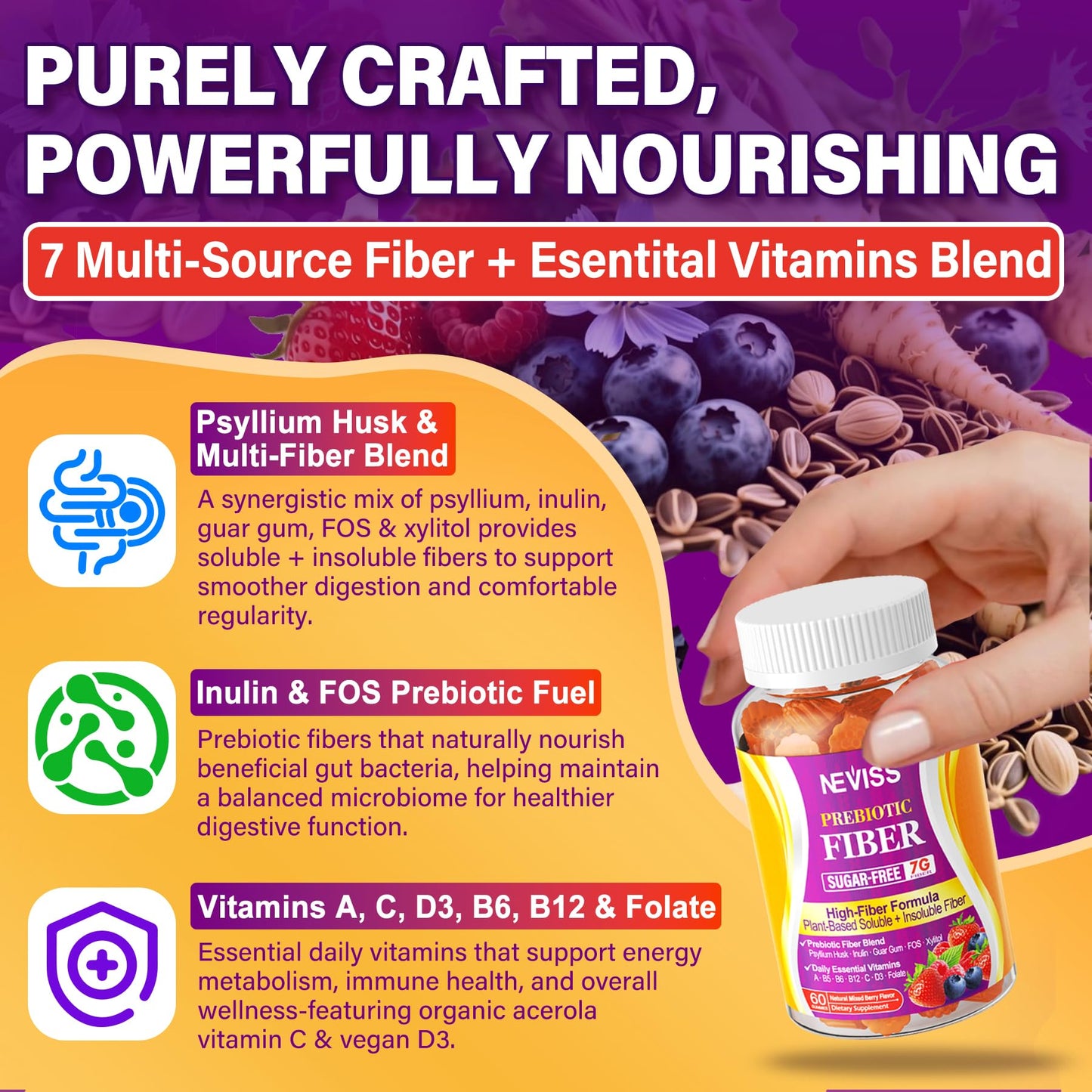 Fiber Gummies for Adults with Psyllium Husk, 7G(Soluble + Insoluble) Daily Prebiotic Fiber with Inulin, FOS, Guar Gum, Multivitamins for Daily Digestive Health, - Maple Wellness Supplements