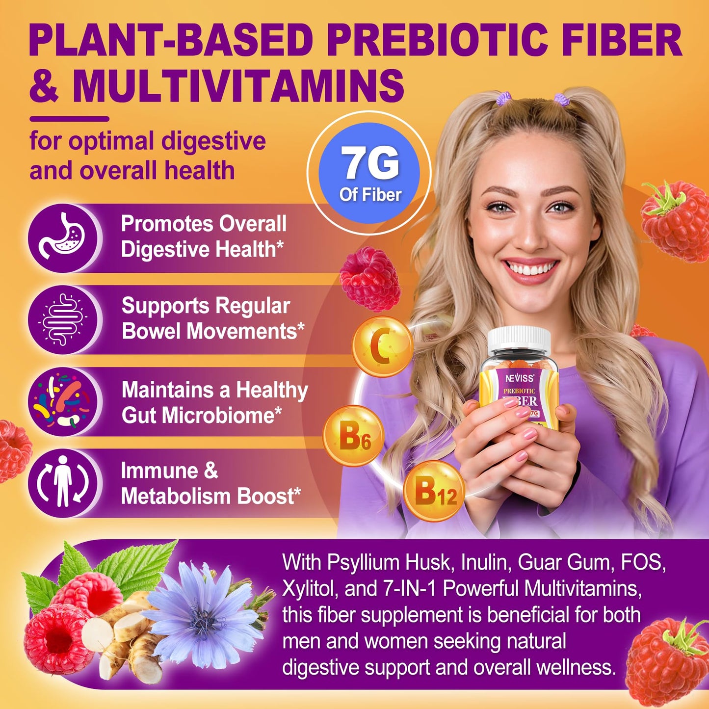 Fiber Gummies for Adults with Psyllium Husk, 7G(Soluble + Insoluble) Daily Prebiotic Fiber with Inulin, FOS, Guar Gum, Multivitamins for Daily Digestive Health, - Maple Wellness Supplements