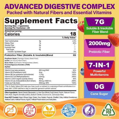 Fiber Gummies for Adults with Psyllium Husk, 7G(Soluble + Insoluble) Daily Prebiotic Fiber with Inulin, FOS, Guar Gum, Multivitamins for Daily Digestive Health, - Maple Wellness Supplements