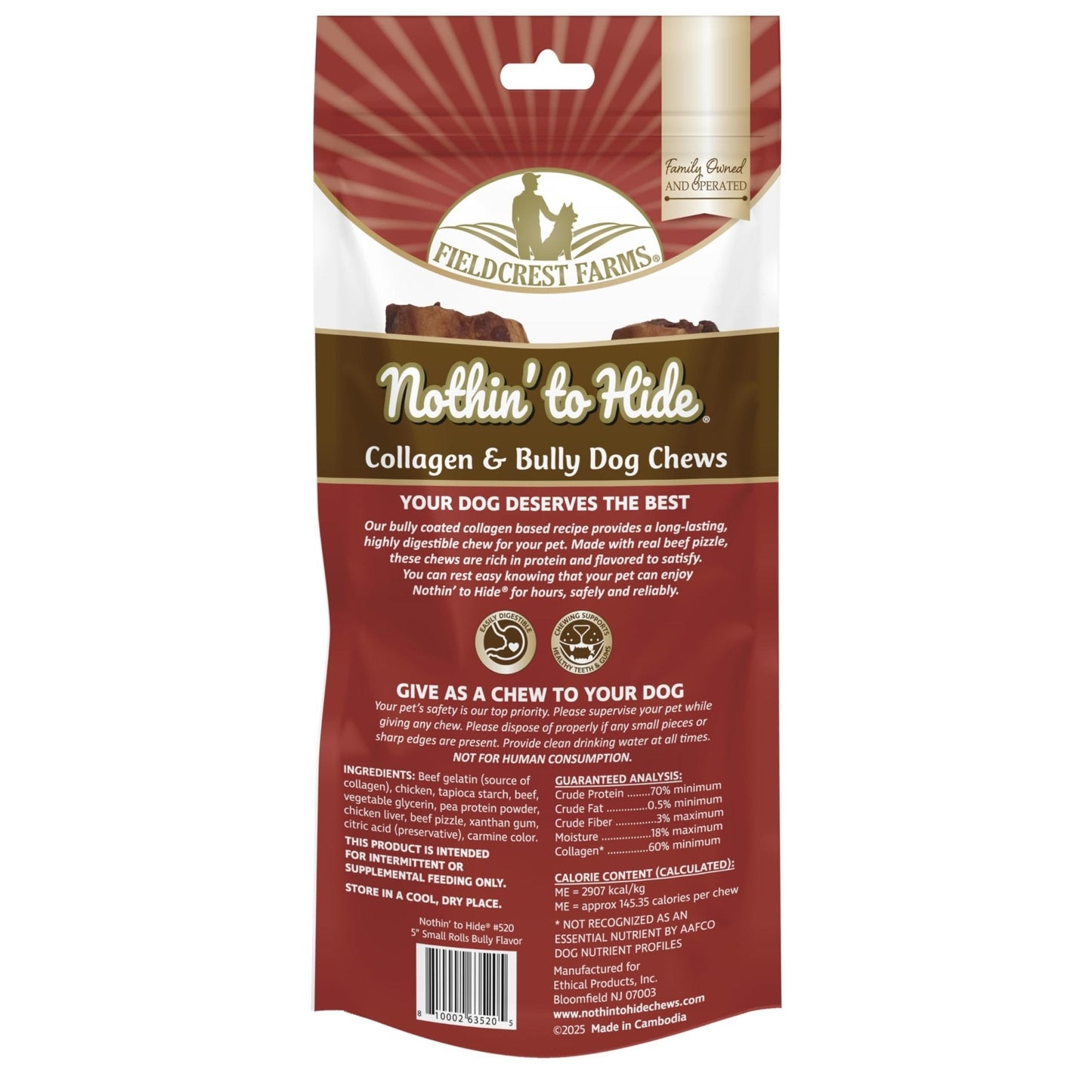 Fieldcrest Farms Nothin’ to Hide Collagen & Bully Small Rolls, 5 Inch, Beef Bully Flavor, Highly Digestible Chews That Support Skin, Coat, Joints & Muscles, for Moderate Chewers Under 25 Lbs, 2 Pack - Maple Wellness Supplements