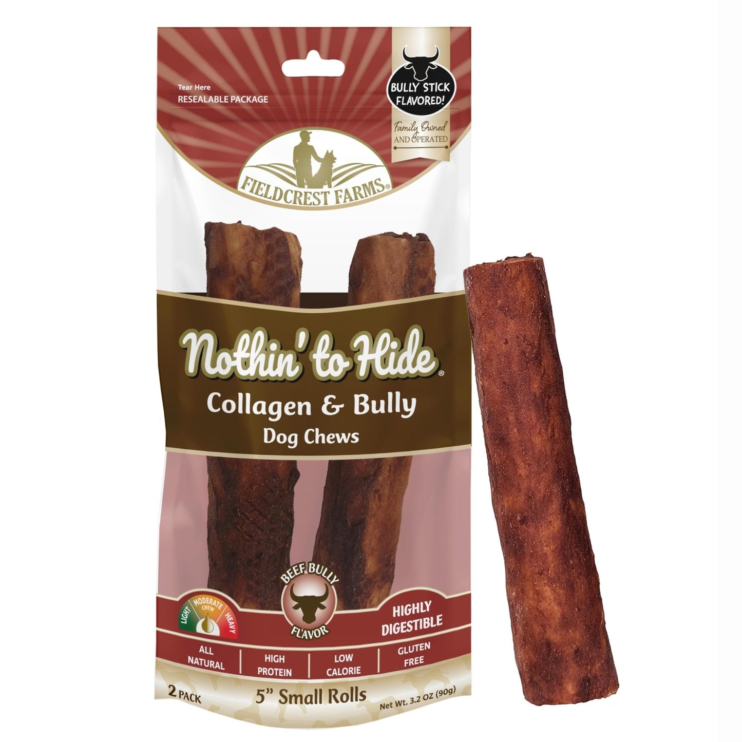 Fieldcrest Farms Nothin’ to Hide Collagen & Bully Small Rolls, 5 Inch, Beef Bully Flavor, Highly Digestible Chews That Support Skin, Coat, Joints & Muscles, for Moderate Chewers Under 25 Lbs, 2 Pack - Maple Wellness Supplements