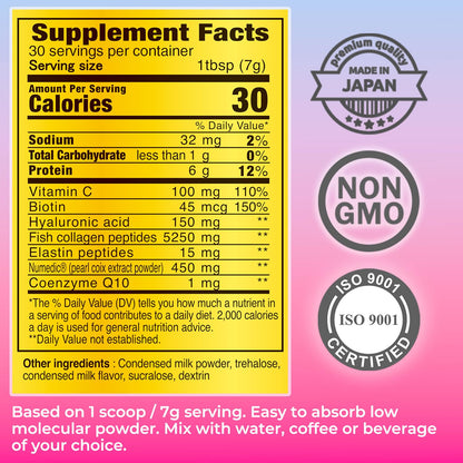 FINE JAPAN Premium Marine Collagen Powder with Hyaluronic Acid, CoQ10 & Elastin - Non-GMO - 30 Servings (210g / 7.4oz) Made in Japan - Maple Wellness Supplements