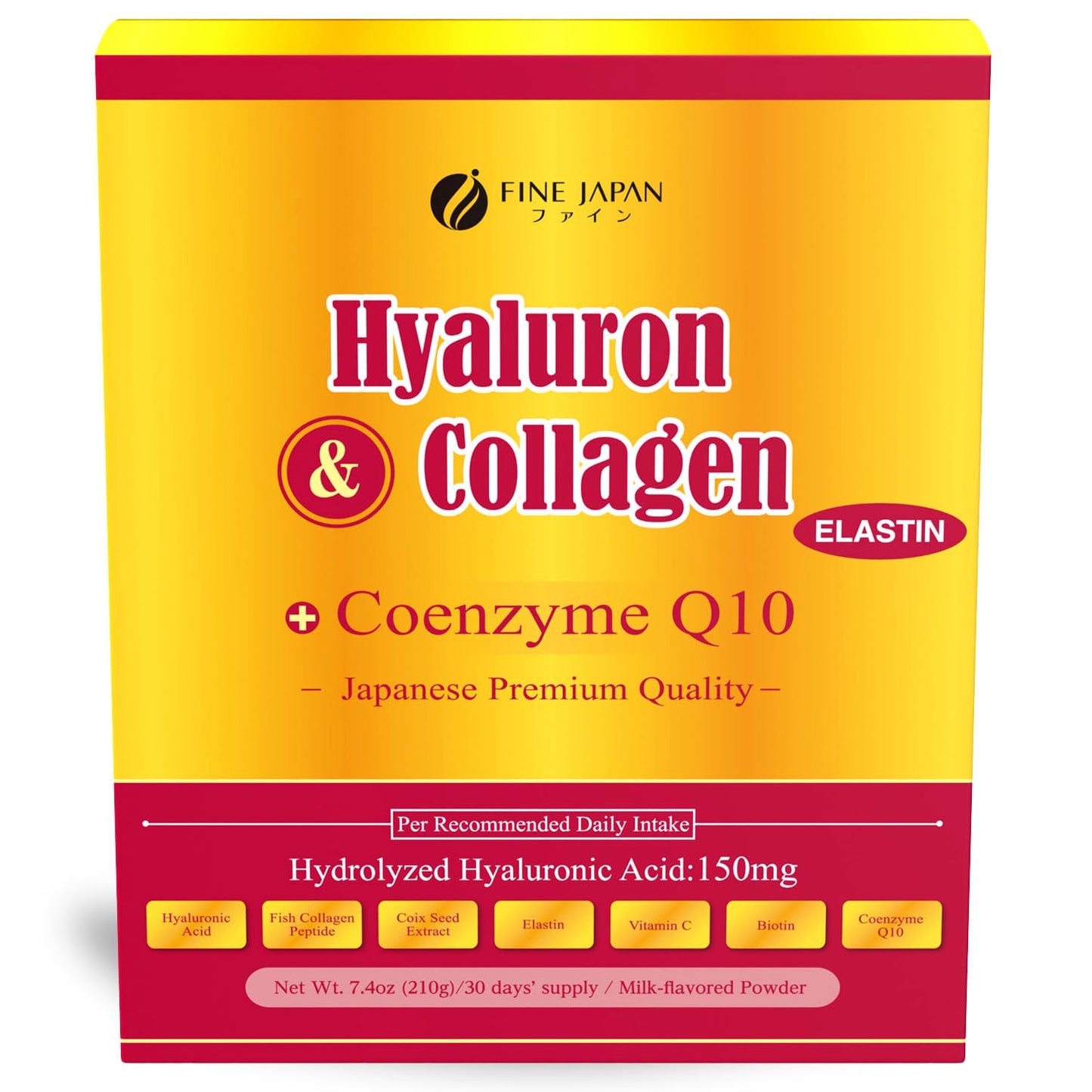 FINE JAPAN Premium Marine Collagen Powder with Hyaluronic Acid, CoQ10 & Elastin - Non-GMO - 30 Servings (210g / 7.4oz) Made in Japan - Maple Wellness Supplements
