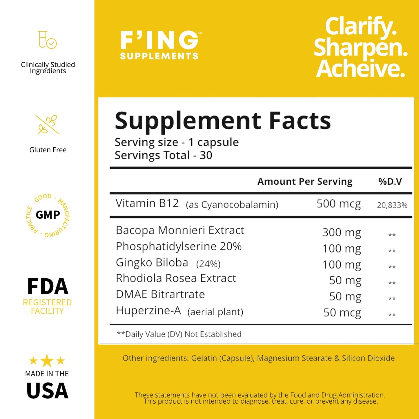 F'ing Clarity - Clarity, Memory + Brain Boosting Nootropic Supplement | Bacopa Extract, Phosphatidylserine 20%, Gingko Biloba Extract, Rhodiola Rosea Extract, DMAE Bitrartrate, B-12, Huperzine A - Maple Wellness Supplements