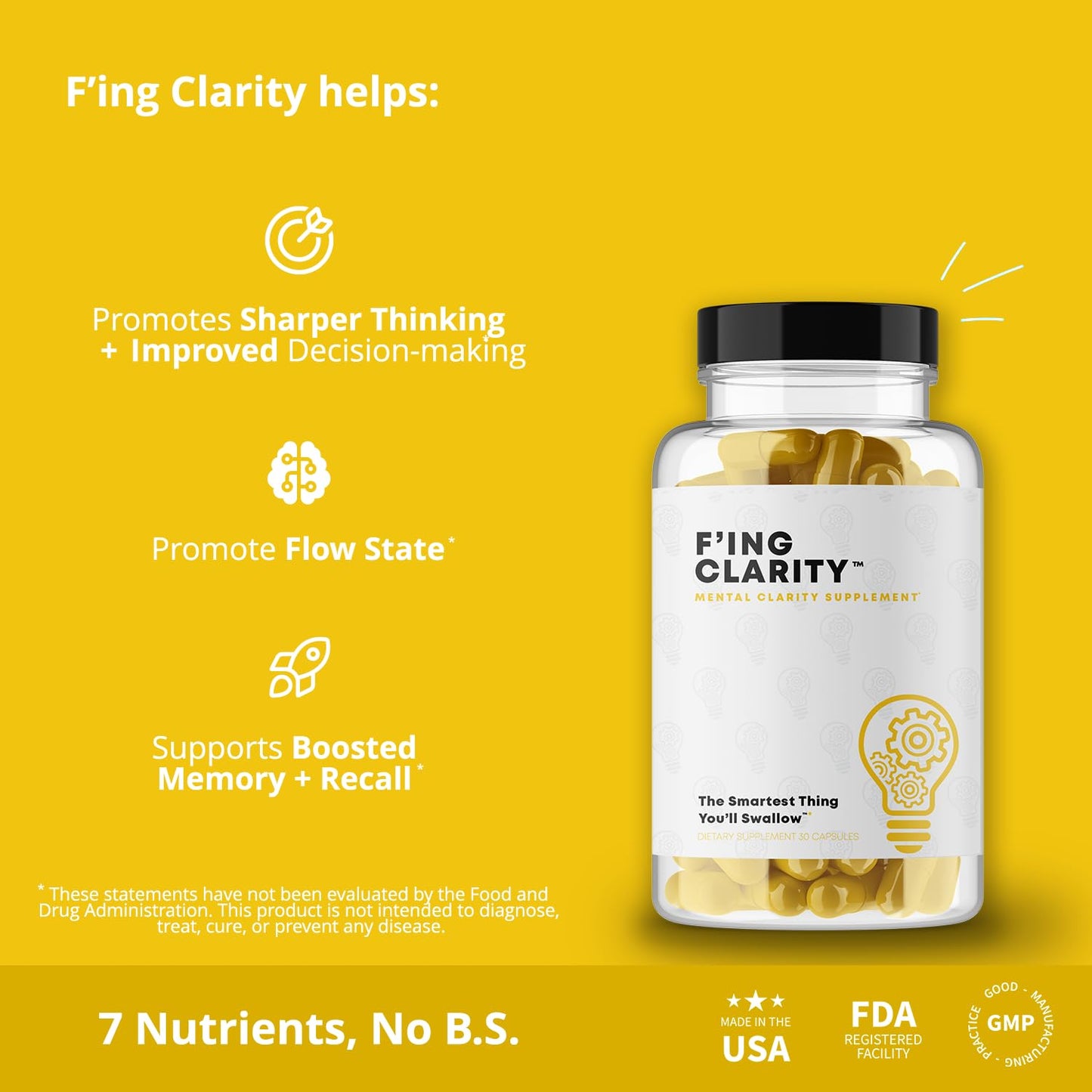 F'ing Clarity - Clarity, Memory + Brain Boosting Nootropic Supplement | Bacopa Extract, Phosphatidylserine 20%, Gingko Biloba Extract, Rhodiola Rosea Extract, DMAE Bitrartrate, B-12, Huperzine A - Maple Wellness Supplements