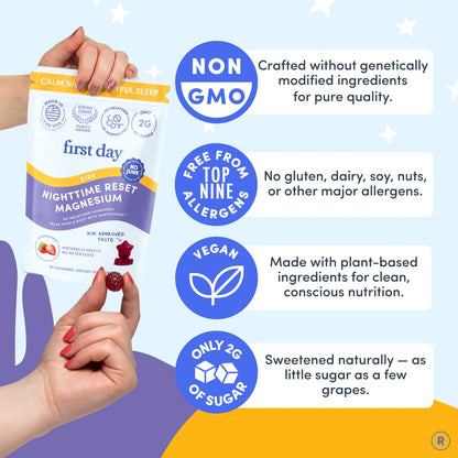 FIRST DAY Kids Magnesium Citrate Gummies (Ages 4+) with No Melatonin | Calm Kids Magnesium Gummies | Bedtime Supplement for Better Sleep with Suntheanine - Maple Wellness Supplements