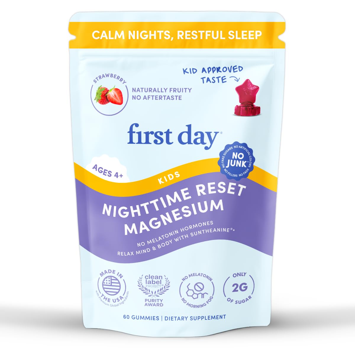 FIRST DAY Kids Magnesium Citrate Gummies (Ages 4+) with No Melatonin | Calm Kids Magnesium Gummies | Bedtime Supplement for Better Sleep with Suntheanine - Maple Wellness Supplements