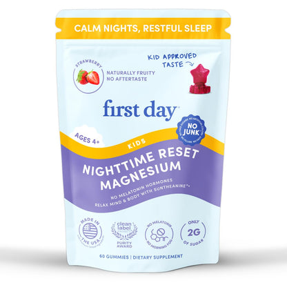 FIRST DAY Kids Magnesium Citrate Gummies (Ages 4+) with No Melatonin | Calm Kids Magnesium Gummies | Bedtime Supplement for Better Sleep with Suntheanine - Maple Wellness Supplements