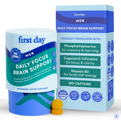 FIRST DAY Men’s Daily Nootropic Brain Supplement Gummies for Focus, Memory & Mental Energy | with Cognizin® Citicoline, Phosphatidylserine & Natural Caffeine | Vegan, Allergen-Free | 30-Day Supply - Maple Wellness Supplements