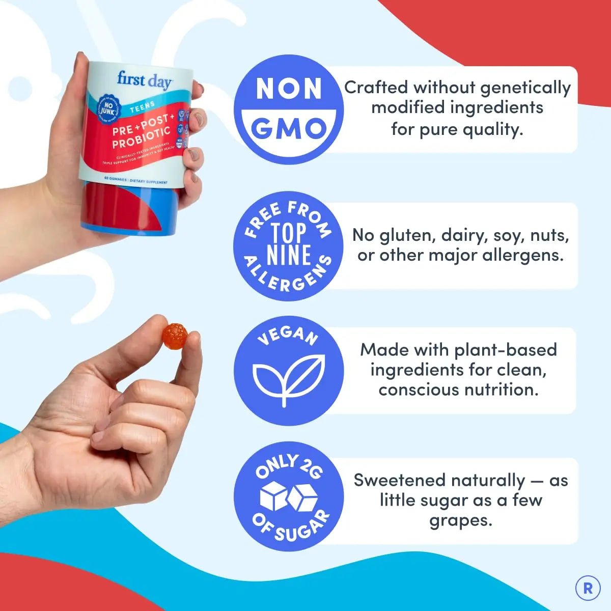 FIRST DAY Teens’ Gut Sustainer Tribiotic Gummies – 3-in-1 Prebiotic, Probiotic & Postbiotic Supplement – Supports Digestive, Skin, Oral & Immune Health, Nutrient Absorption & Growth – 30-Day Supply - Maple Wellness Supplements