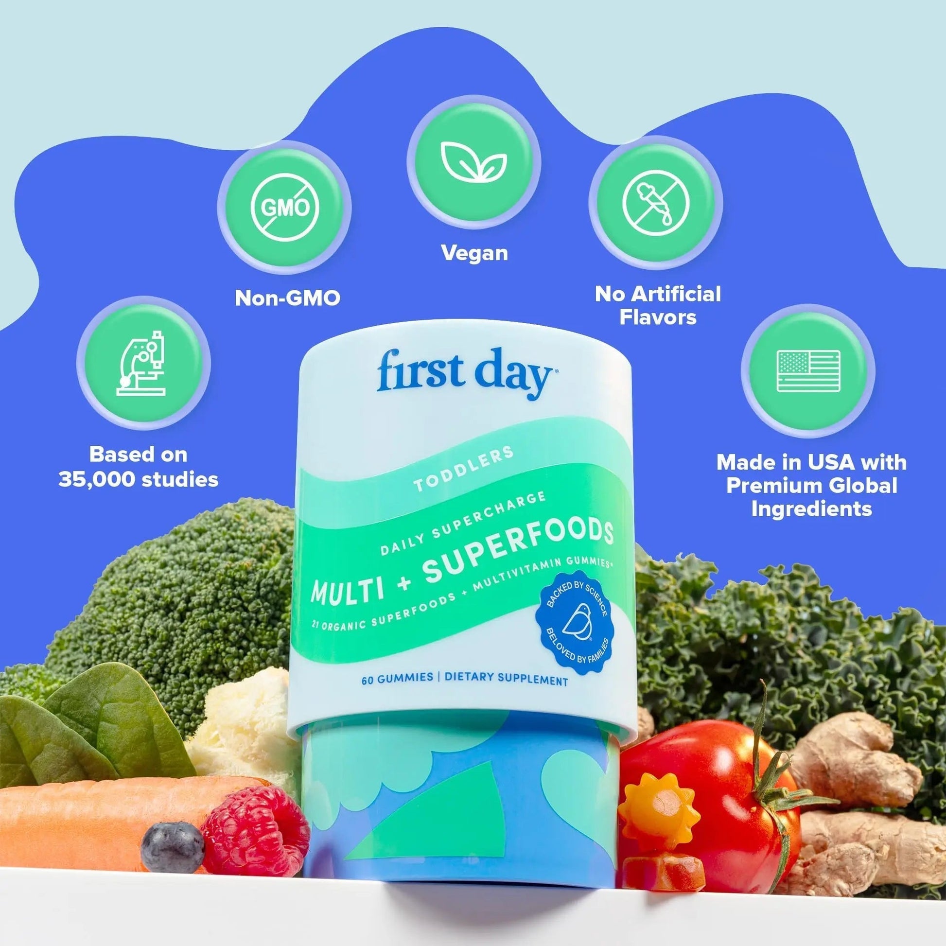 FIRST DAY Toddler Multivitamin Gummies (Ages 2-3)| Kids Multivitamin Gummies with Vitamins A C D3, B2, B12, Choline, Folate and 21 Organic Superfoods| (30 Day Supply) - Maple Wellness Supplements