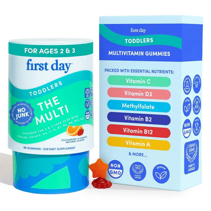 FIRST DAY Toddler Multivitamin Gummies (Ages 2-3)| Kids Multivitamin Gummies with Vitamins A C D3, B2, B12, Choline, Folate and 21 Organic Superfoods| (30 Day Supply) - Maple Wellness Supplements