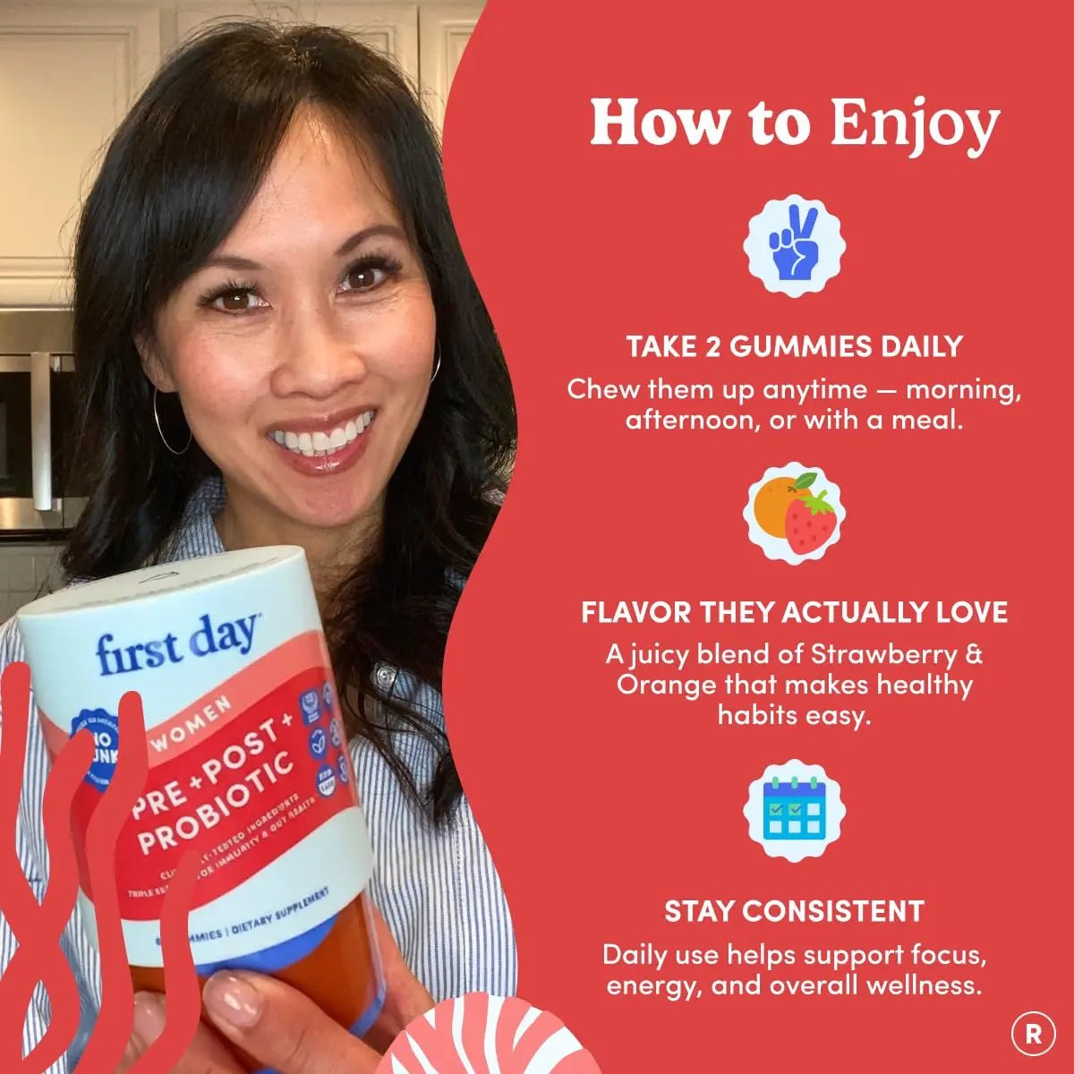FIRST DAY Womens 3-in-1 Probiotic Gummies – Prebiotic + Probiotic + Postbiotic Supplement – Supports Digestive & Oral Health, Immune Function & Energy Levels – 30-Day Supply - Maple Wellness Supplements
