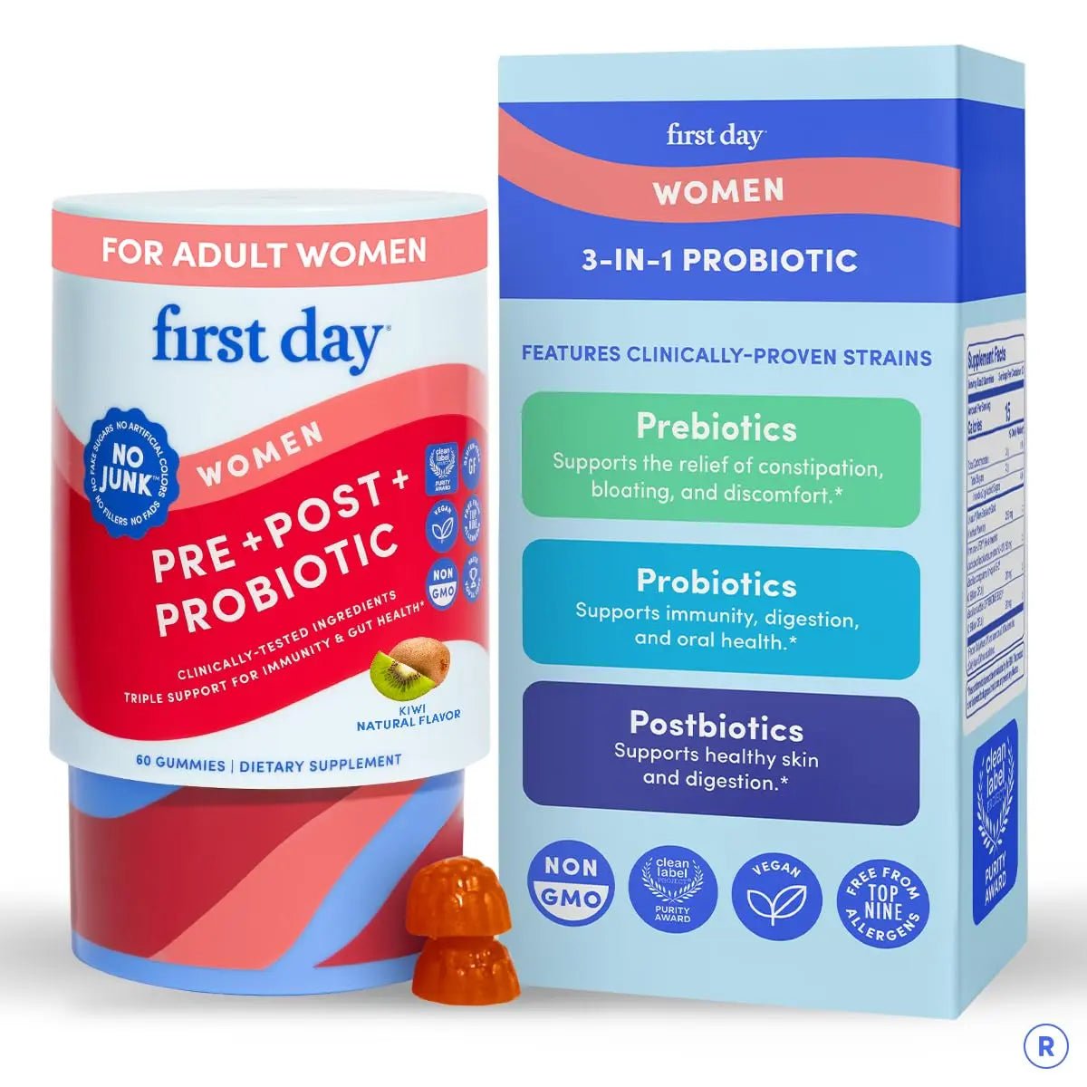 FIRST DAY Womens 3-in-1 Probiotic Gummies – Prebiotic + Probiotic + Postbiotic Supplement – Supports Digestive & Oral Health, Immune Function & Energy Levels – 30-Day Supply - Maple Wellness Supplements