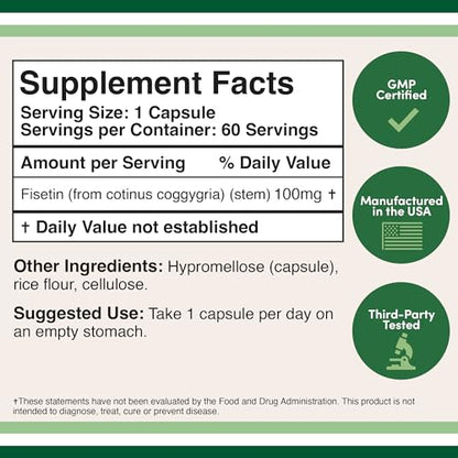 Fisetin Supplement - 100mg of Bioactive Flavnonols, 60 Count (Natural Bioflavonoid - Maple Wellness Supplements
