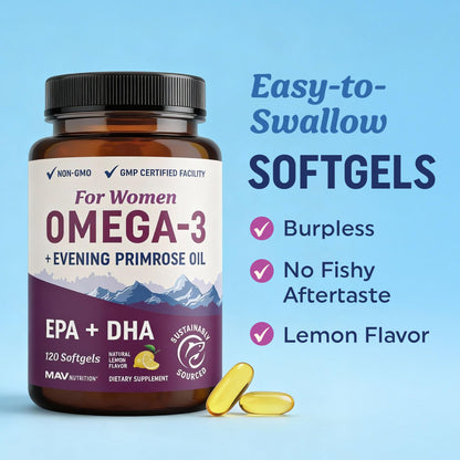 Fish Oil Omega 3 Supplements for Women | DHA + EPA | Heart Health, Hormone Balance, Skin & Wellness Support | 600MG Omega3 + 800MG Evening Primrose Oil - Maple Wellness Supplements