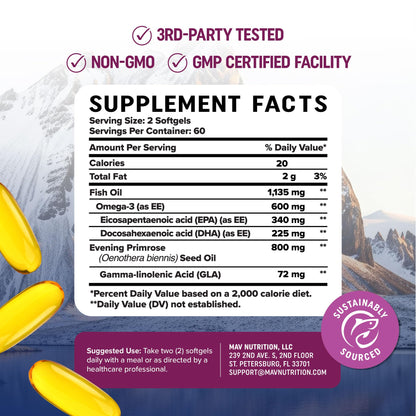 Fish Oil Omega 3 Supplements for Women | DHA + EPA | Heart Health, Hormone Balance, Skin & Wellness Support | 600MG Omega3 + 800MG Evening Primrose Oil - Maple Wellness Supplements