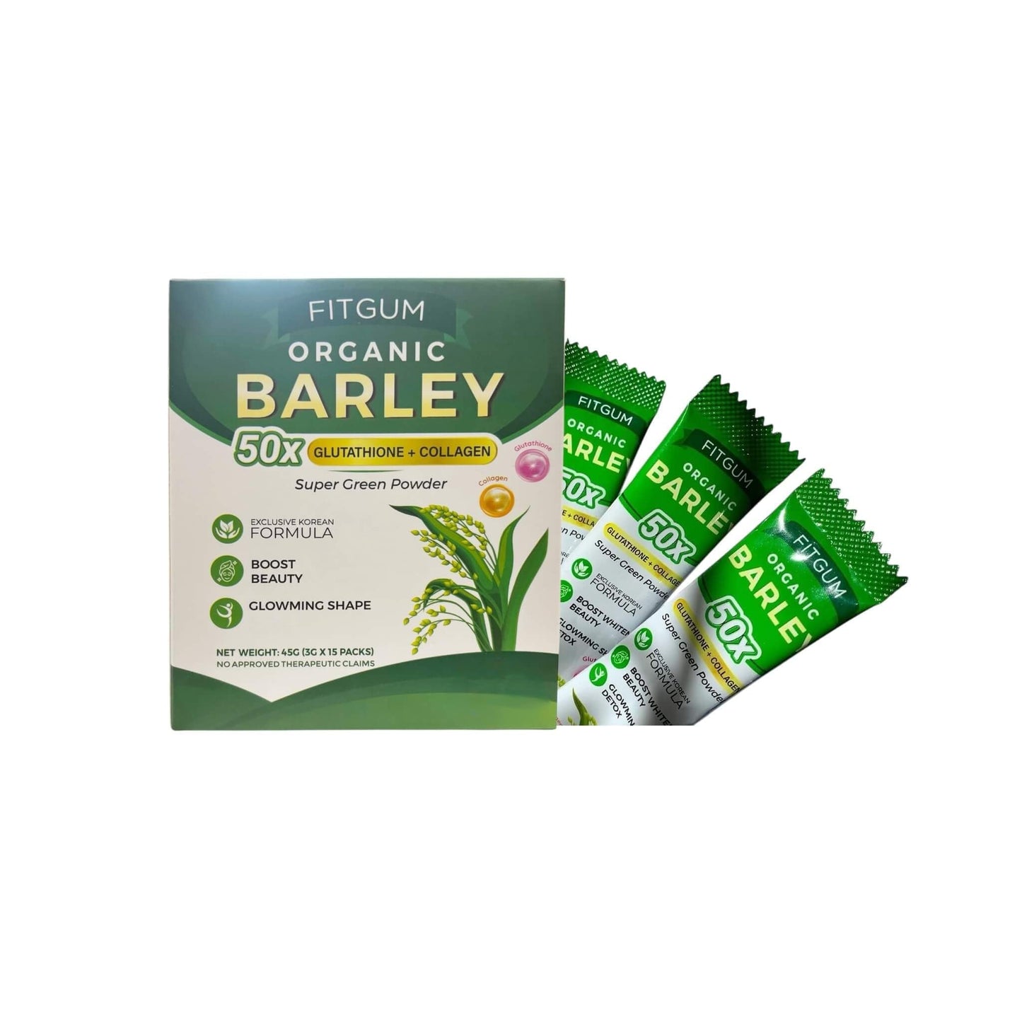 FIT Gum Organic Barley 50X Glutathione & Collagen Super Green Powder - 3g x 15 Sachets - Maple Wellness Supplements