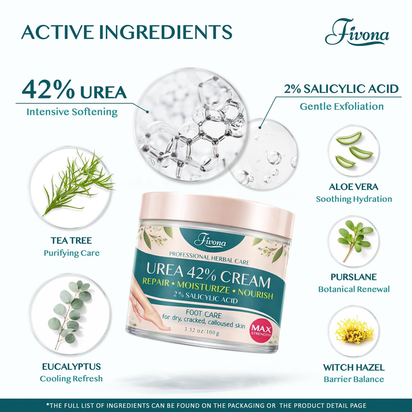 FIVONA 42% Urea Foot Cream for Thick, Rough Dry Skin - Maximum Strength Callus Softening with 2% Salicylic Acid, Tea Tree & Aloe Vera, 100g (3.5 oz) - Deep Moisturizing Foot Care - Maple Wellness Supplements