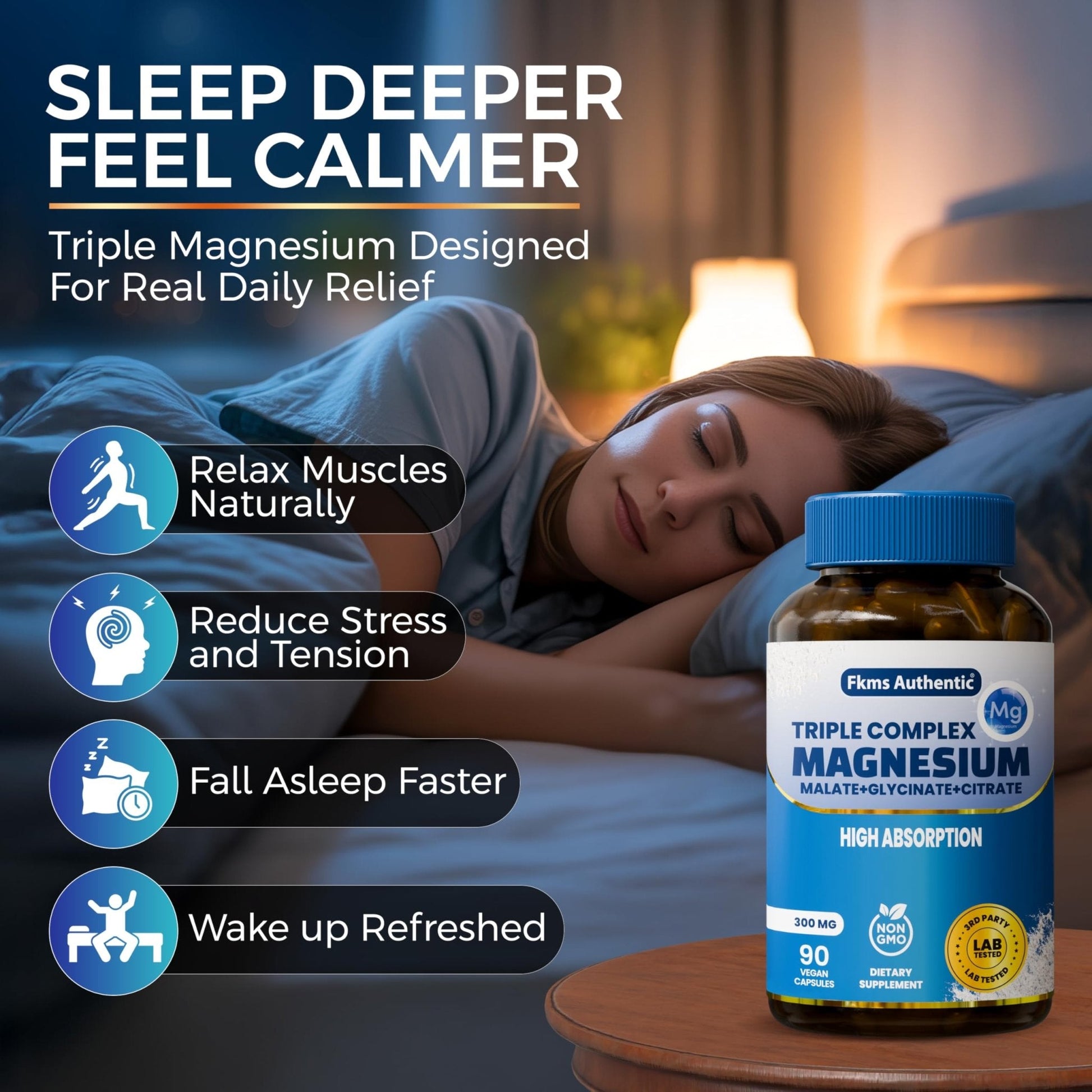 FKMS Authentic Triple Magnesium Complex | 300mg Magnesium Glycinate, Malate & Citrate for Sleep, Stress & Muscle Support | Non-GMO, Vegan, Gentle on Stomach | High Absorption | 90 Capsules - Maple Wellness Supplements