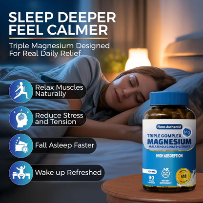 FKMS Authentic Triple Magnesium Complex | 300mg Magnesium Glycinate, Malate & Citrate for Sleep, Stress & Muscle Support | Non-GMO, Vegan, Gentle on Stomach | High Absorption | 90 Capsules - Maple Wellness Supplements